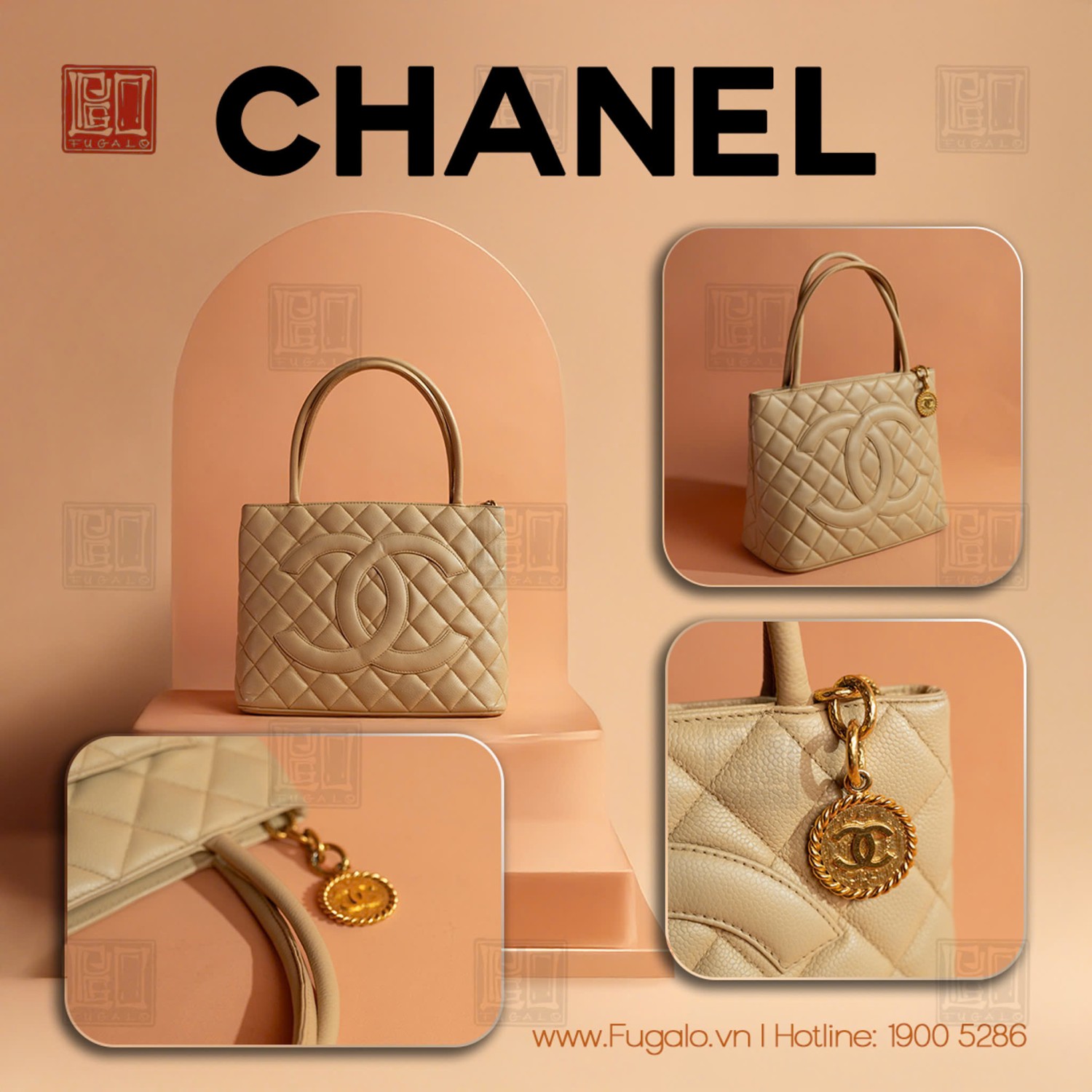 Chanel Beige Caviar Medallion Tote