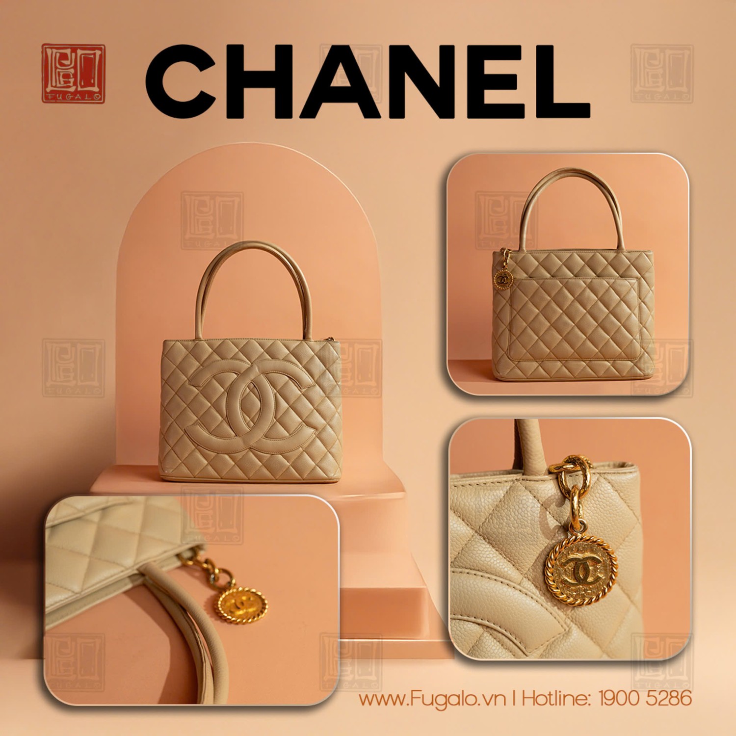 A Beige Caviar Leather Medallion Tote Bag
