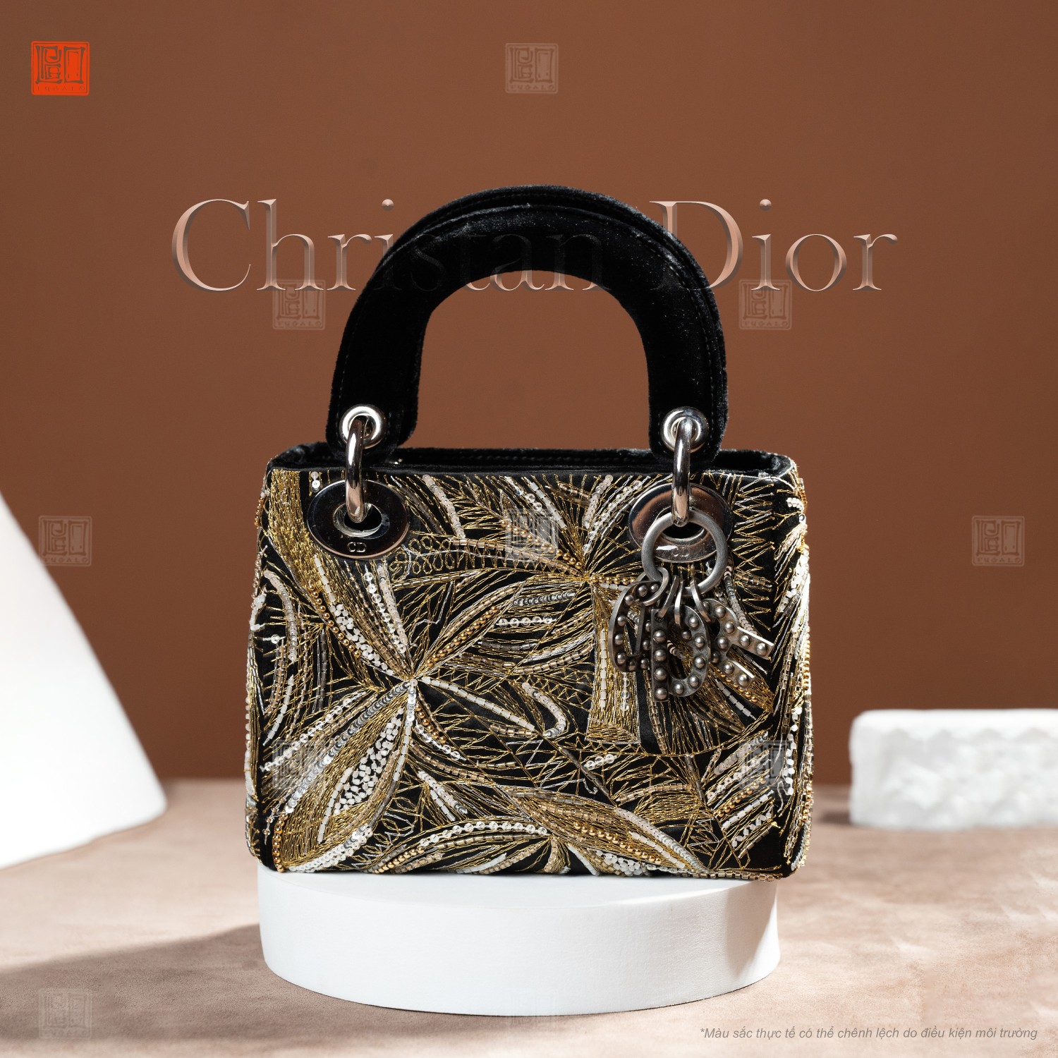Lady Dior Mini Bag Black Velvet with Gold and Silver Embroidery