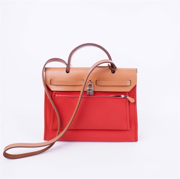 Túi Hermes Herbag Zip nắp nâu nền đỏ kèm ví size 31 +