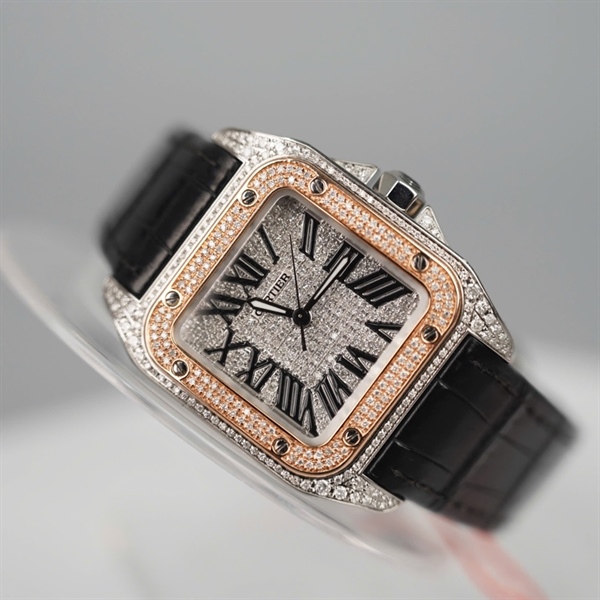 Đồng hồ Cartier mặt vuông full kim cương quai đen (482444PX) sz32 (HC) +