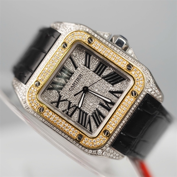 Đồng hồ Cartier mặt vuông full kim cương quai đen (507815LX) sz40 (HC) +