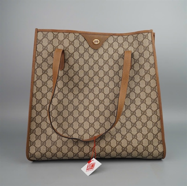 Túi GG tote xám viền nâu sz38 KG+