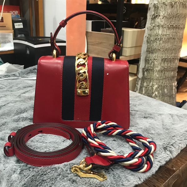 Túi GG đỏ đô sọc xanh đen +