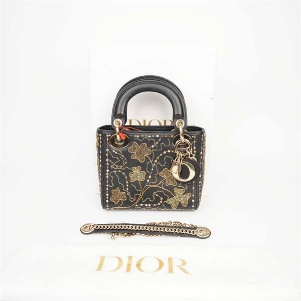 Túi Dior Lady màu đen hoa vàng (18-MA-0128) sz mini (HC) +