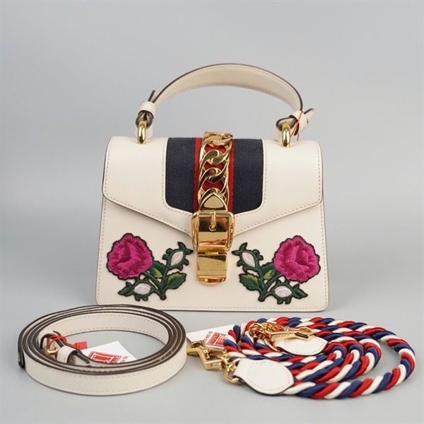 Túi GG Sylvie trắng thêu hoa 2 strap sz20 (BQ) KG+