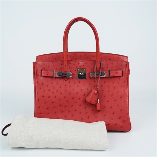 Túi Hermes Birkin đỏ da đà điểu stamp R(2014) có lót form kèm ổ+2 chìa sz30 (MV) KG+