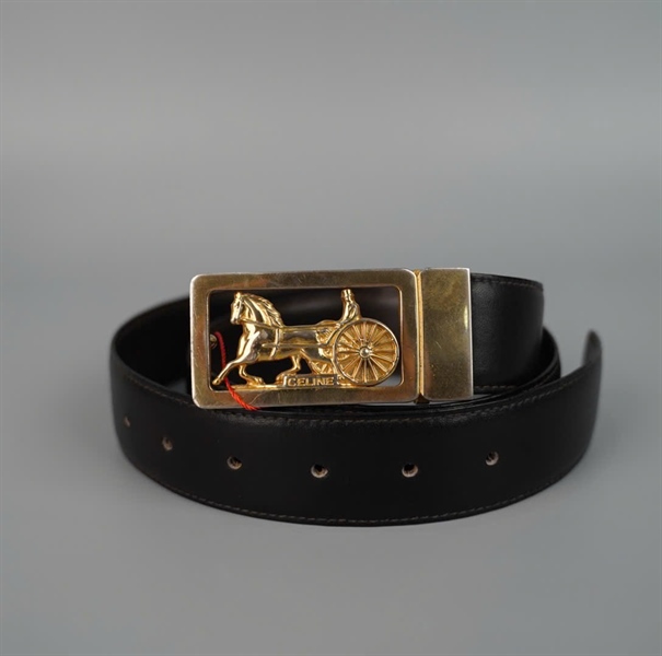 Thắt lưng Celine màu đen mặt xe ngựa vàng bản 3cm KG +