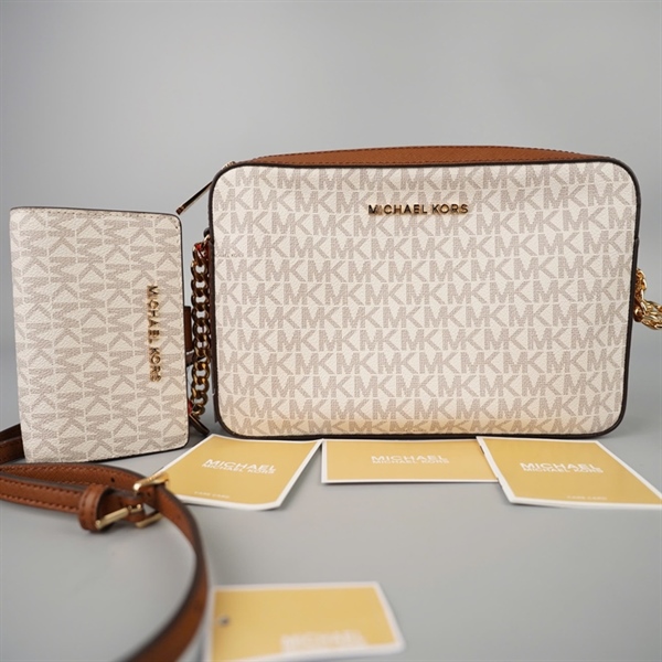 Túi MK xám viền nâu kèm ví gấp 2 sz24 KG+